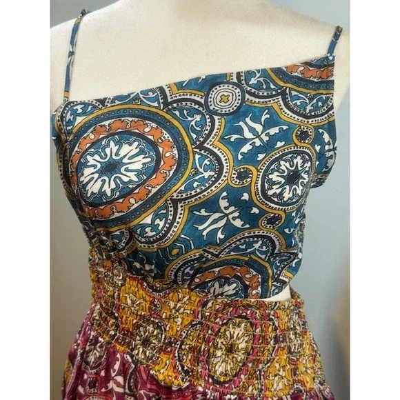Anthropologie Cutout Smocked Midi Dress Size S Mixed Paisley Medallion Blue Pink - Picture 11 of 11